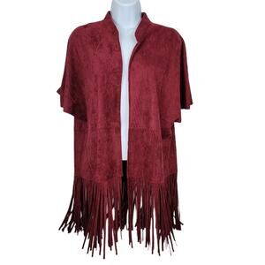 Joy Joy Melody Designs Vegan Faux Suede Burgundy Fringe Open Jacket - Size Small